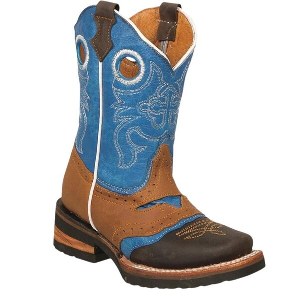 Potro Rebelde Handmade Quincy Cowboy Boots Kids 1 MEX 21 Snip Toe Rodeo Blue Tan - Picture 1 of 9